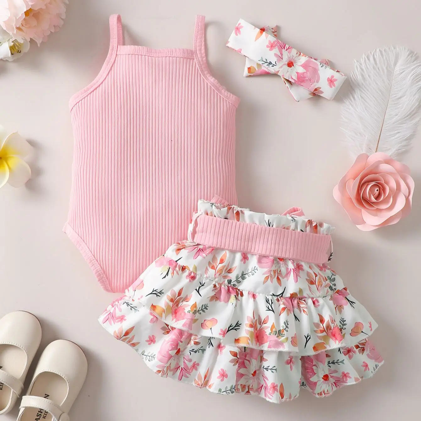 0-2 Year Old Newborn Baby Girls Summer Sleeveless Suspender Jumpsuit With Floral Print Short Skirt Cute Fashion Toddler Set thumbnail 2