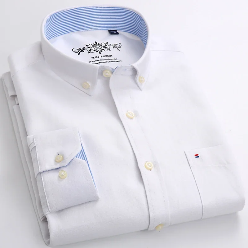 Classic fit cotton Full Casual shirts for men solid color long-sleeve plain shirt single pocket top soft slim fit formal clothes thumbnail 2