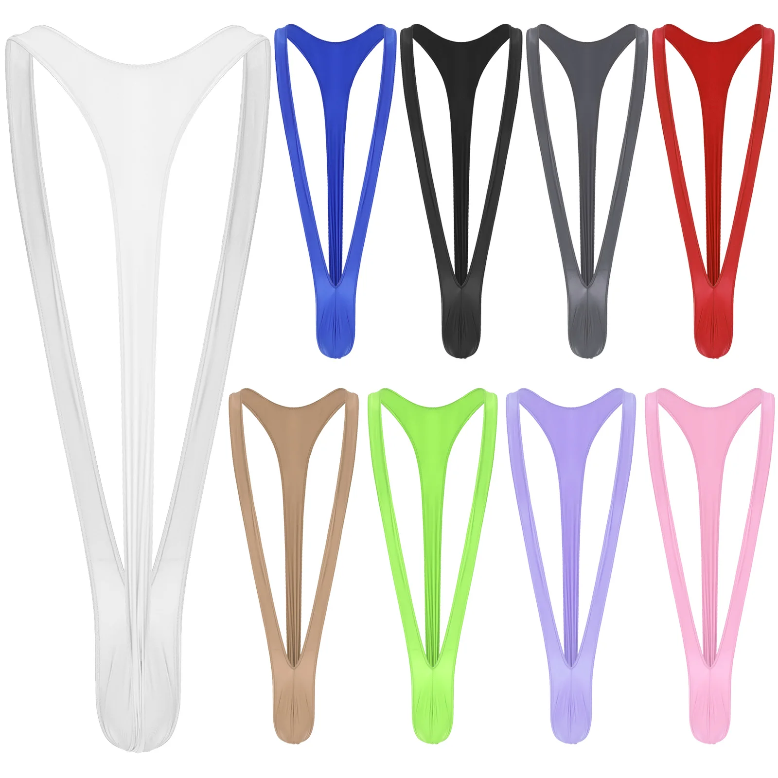 Mens Glossy Mankini One-Piece Swimsuit Bulge Pouch Thongs V-Shaped Suspender Bodysuit Hollow Out Swimwear Underwear Clubwear thumbnail 2
