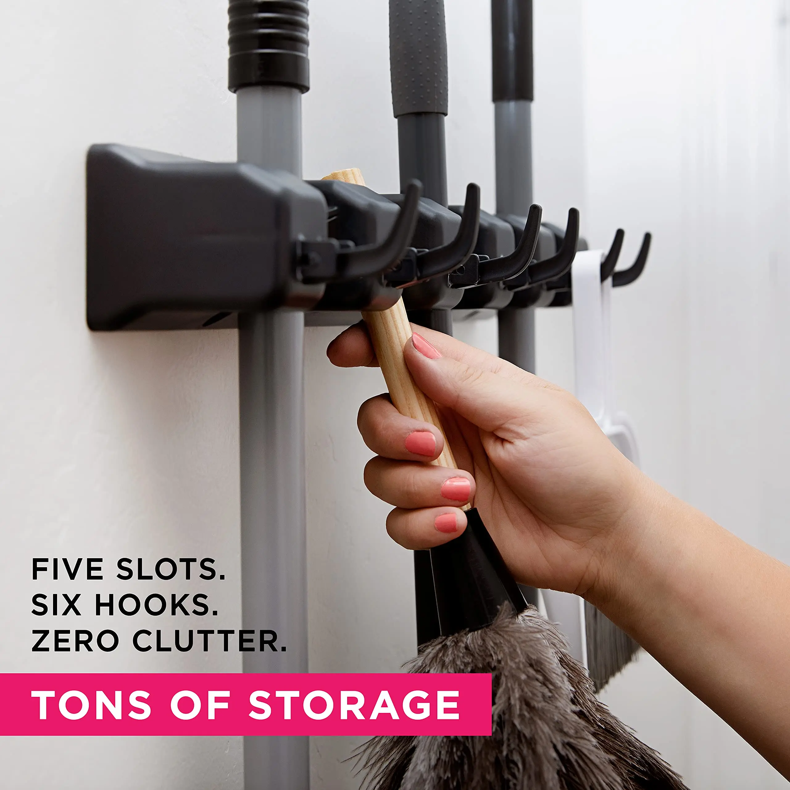 Wall Mounted Mop Holder 3/4/5 Position Multi-Functional Broom Hanger Shelf Home Kitchen Storage Black Magic Plastic Mop Holder thumbnail 2