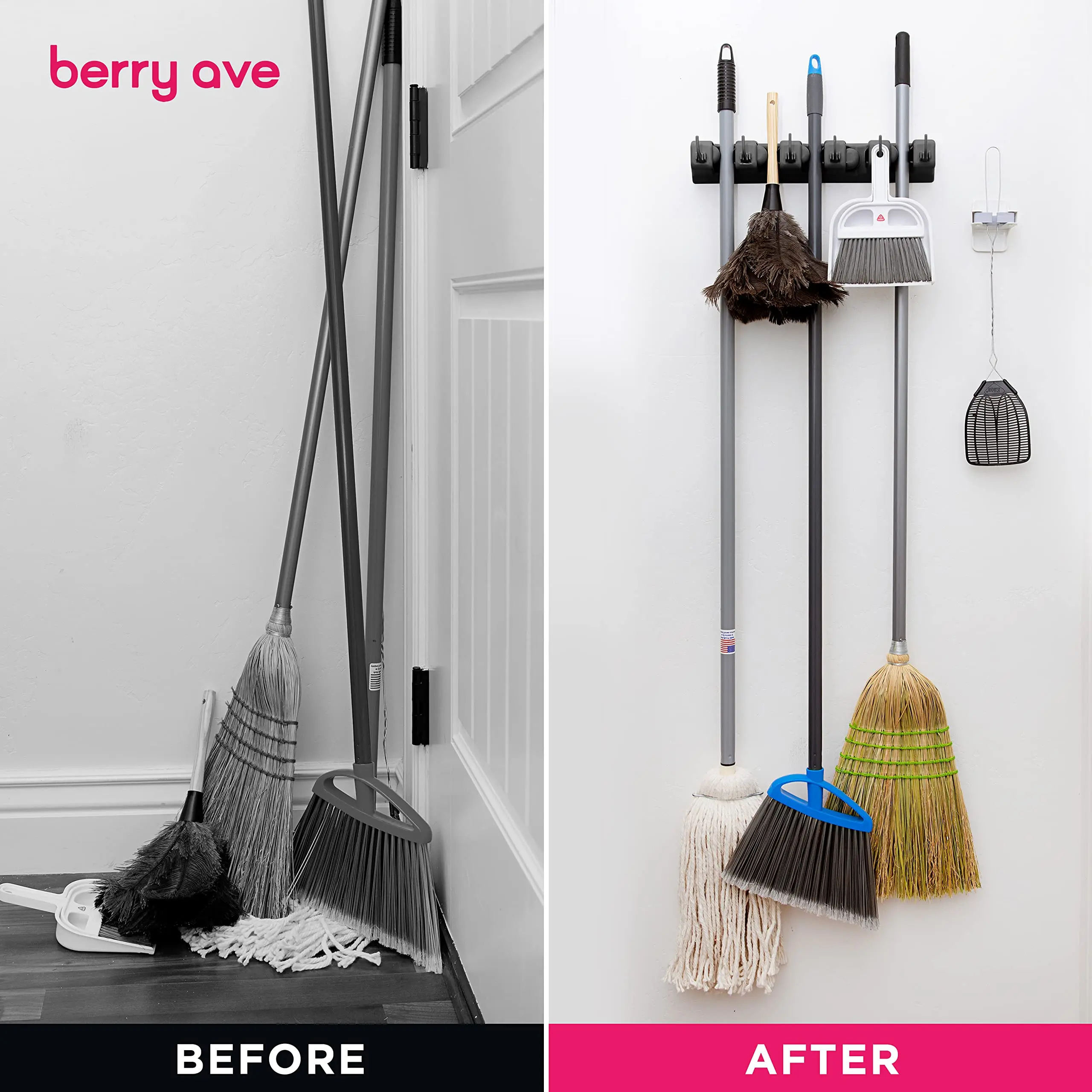 Wall Mounted Mop Holder 3/4/5 Position Multi-Functional Broom Hanger Shelf Home Kitchen Storage Black Magic Plastic Mop Holder thumbnail 3