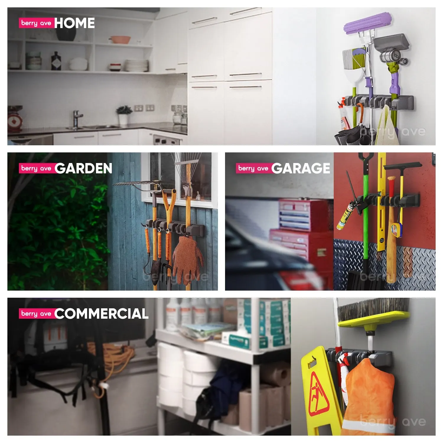 Wall Mounted Mop Holder 3/4/5 Position Multi-Functional Broom Hanger Shelf Home Kitchen Storage Black Magic Plastic Mop Holder thumbnail 5