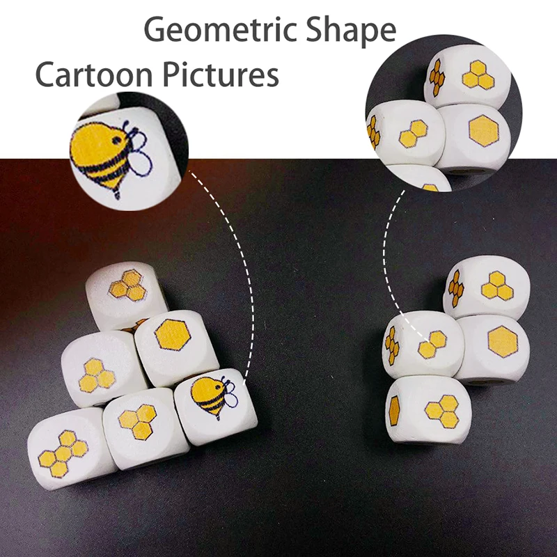 10pcs Dice Wooden Toys Animal Geometric Shape Cube Blocks Games Montessori Early Educational Math Toys For Children Cartoon Bee thumbnail 3