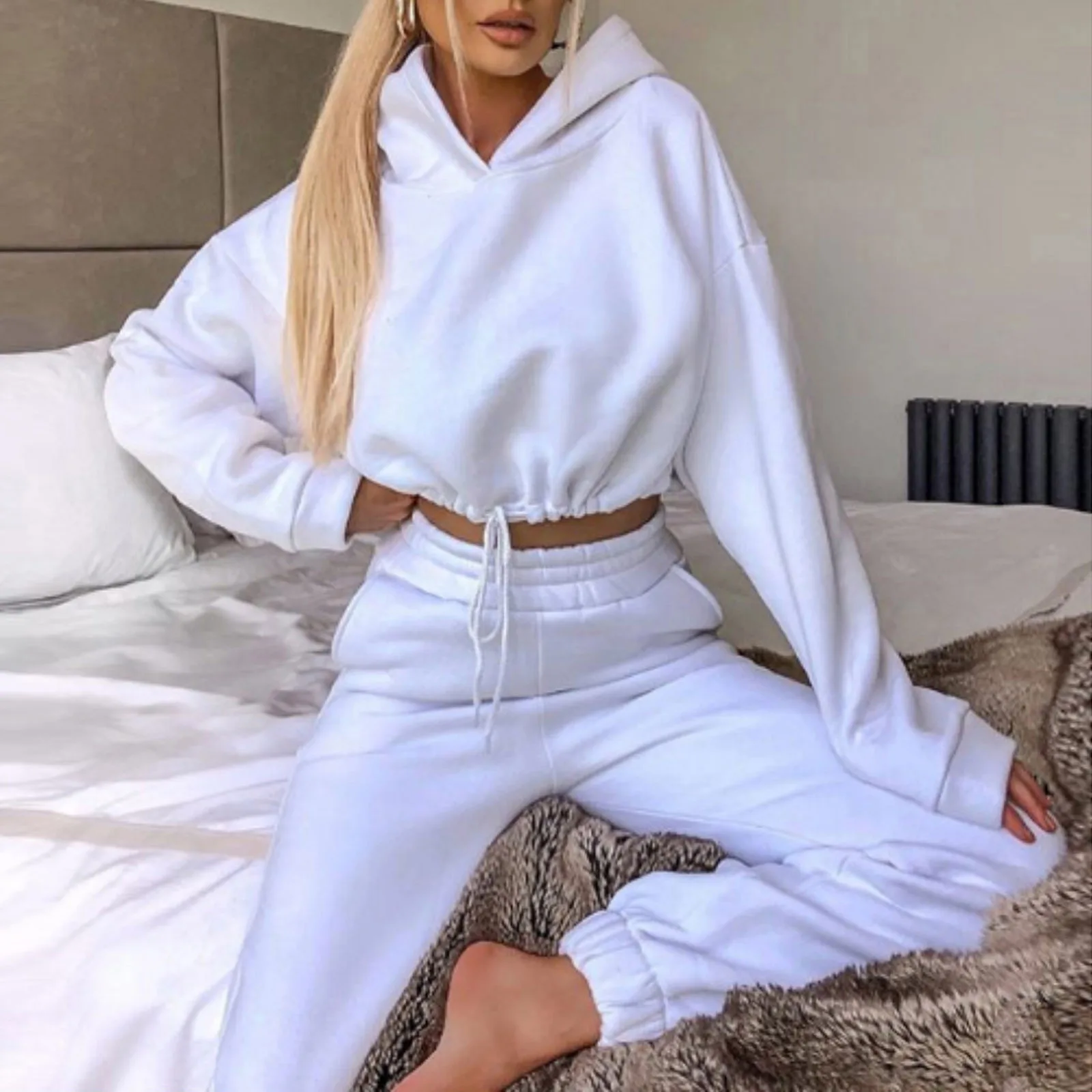 Winter Tracksuit Women Two Piece Set - Oversized Hoodie Sweatpants Solid Color Sportswear Suit |Casual Sweatshirt Trouser Set thumbnail 2