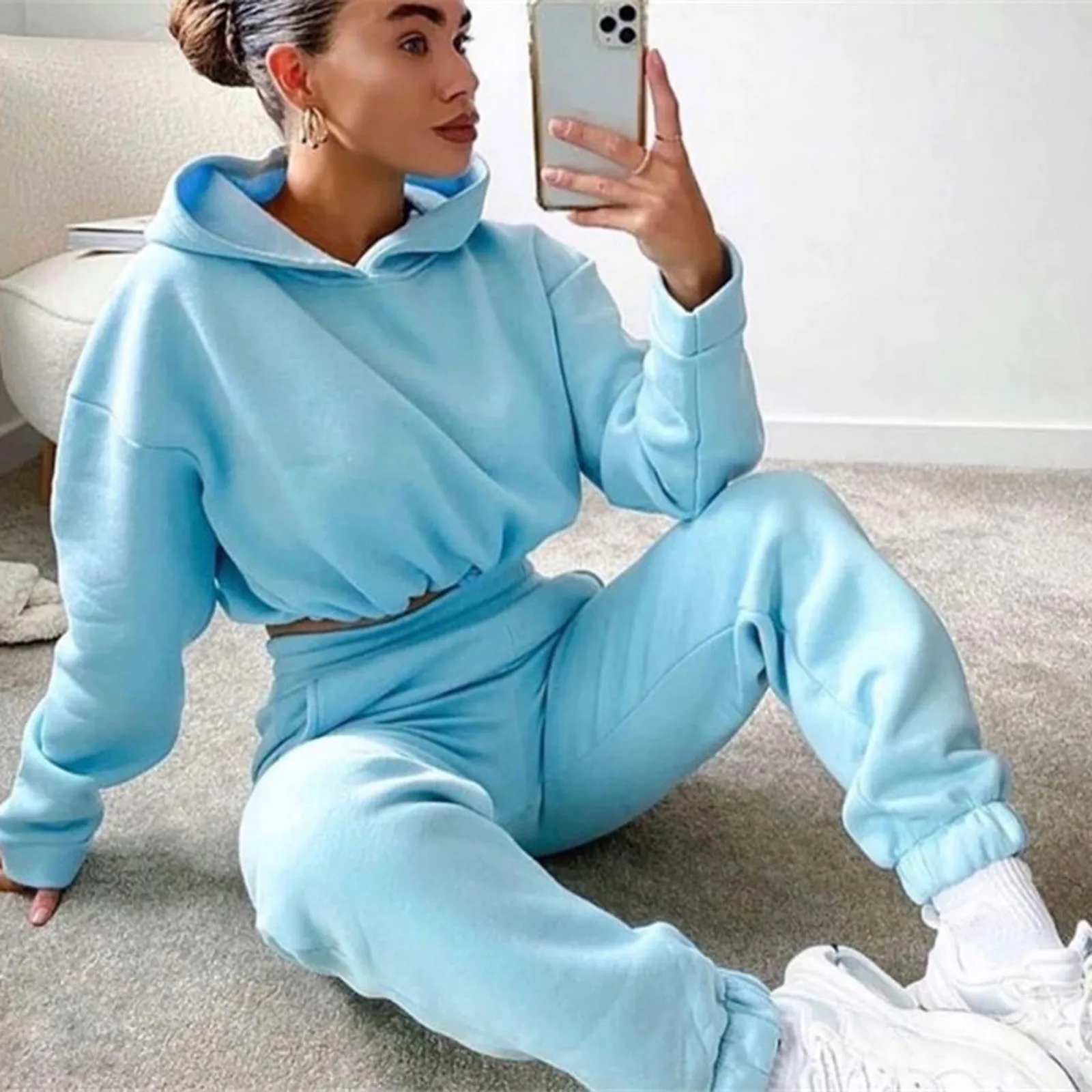 Winter Tracksuit Women Two Piece Set - Oversized Hoodie Sweatpants Solid Color Sportswear Suit |Casual Sweatshirt Trouser Set thumbnail 5