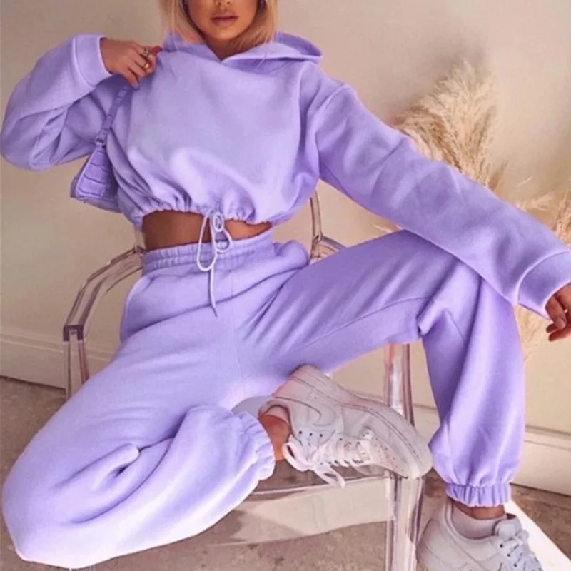 Winter Tracksuit Women Two Piece Set - Oversized Hoodie Sweatpants Solid Color Sportswear Suit |Casual Sweatshirt Trouser Set thumbnail 3