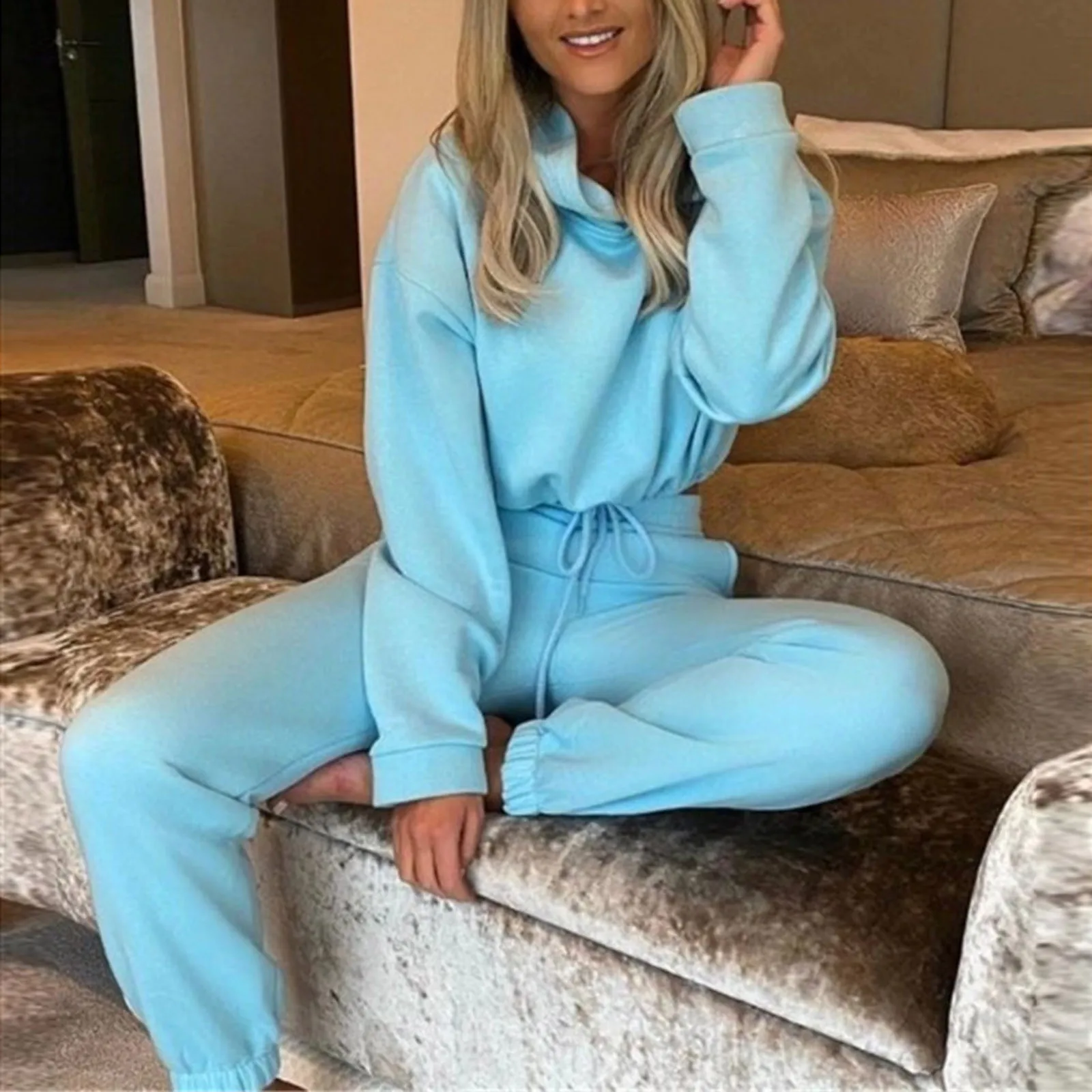 Winter Tracksuit Women Two Piece Set - Oversized Hoodie Sweatpants Solid Color Sportswear Suit |Casual Sweatshirt Trouser Set thumbnail 6
