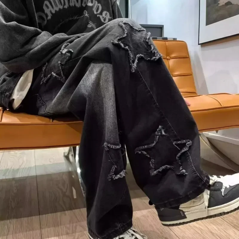 2025 New Fashion Stars Towel Embroidery Brown Men Jeans Pants Y2K Clothes Straight Hip Hop Cotton Trousers Pantalon Homme thumbnail 2