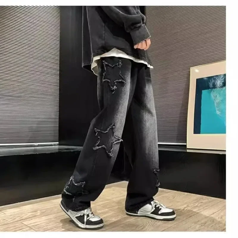 2025 New Fashion Stars Towel Embroidery Brown Men Jeans Pants Y2K Clothes Straight Hip Hop Cotton Trousers Pantalon Homme thumbnail 3