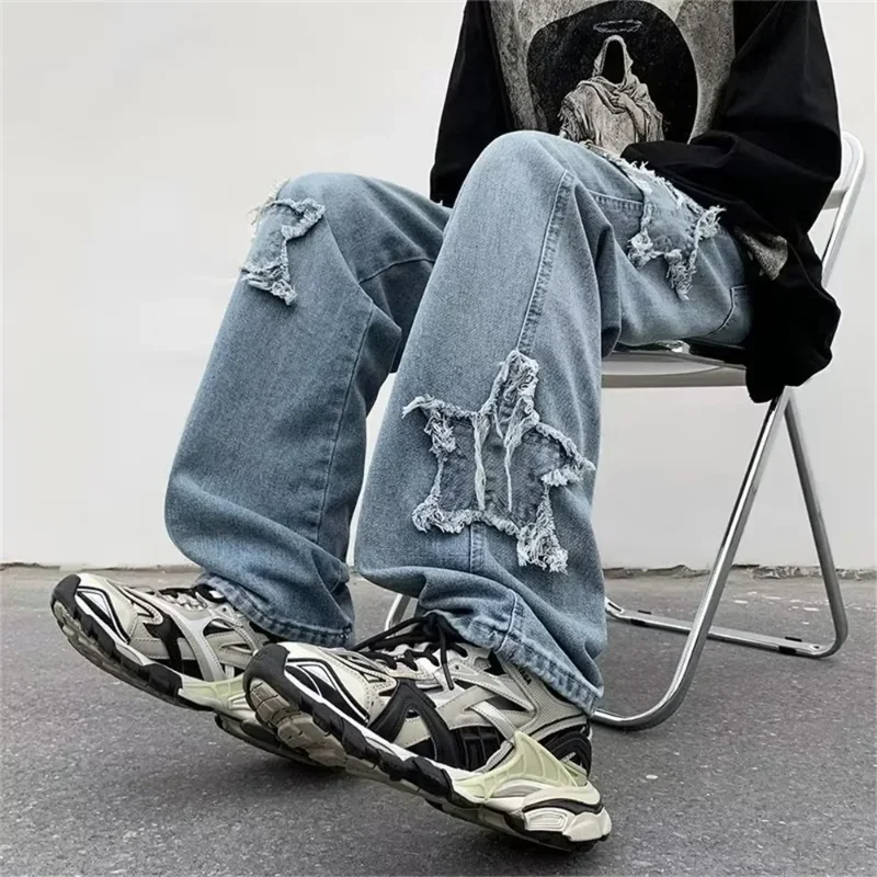 2025 New Fashion Stars Towel Embroidery Brown Men Jeans Pants Y2K Clothes Straight Hip Hop Cotton Trousers Pantalon Homme thumbnail 4