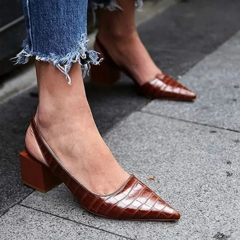Women's Pointed Toes Pumps Mid Chunky Heels Slingback Sandals Shoes Summer New Vintage Woman Lady Female Sandals Slippers Shoes thumbnail 2