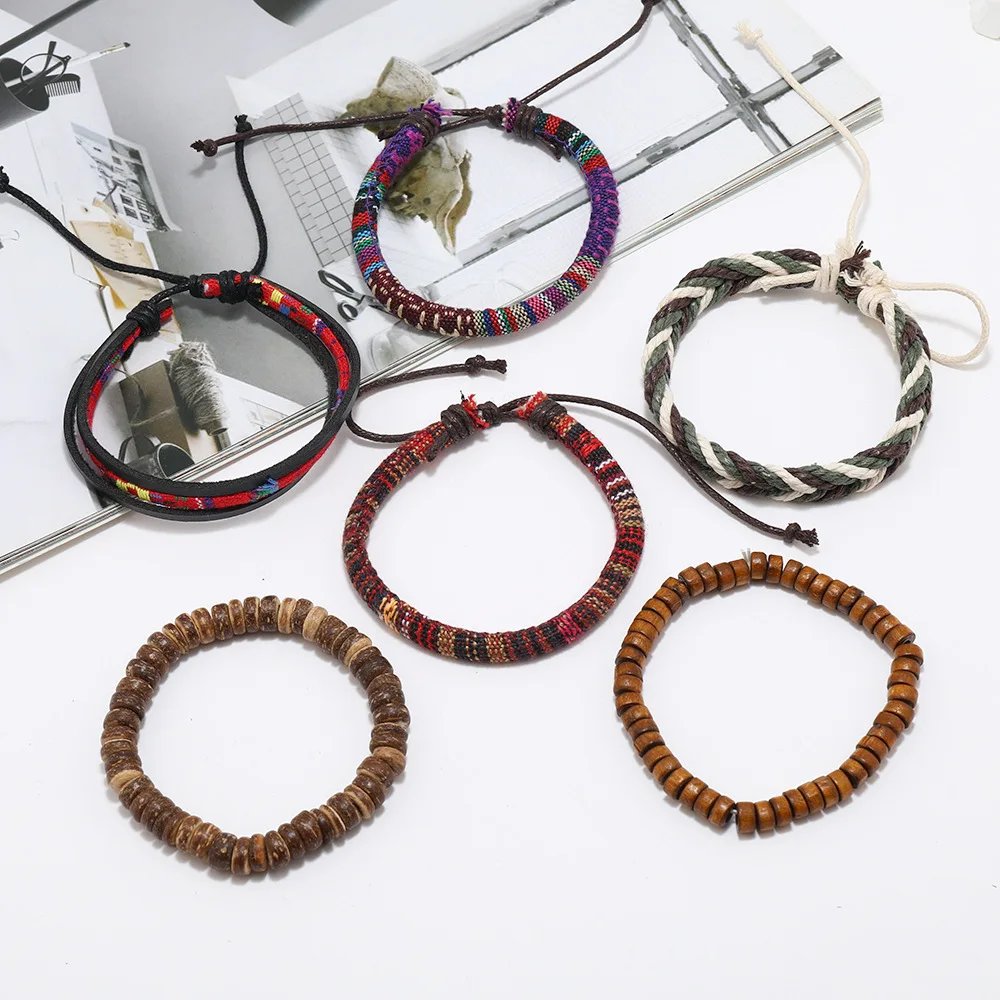 Bohemian Leather Bracelet Men Hand-woven Bracelet Men's Wooden Bead Bracelet Bracelet for Men Charm Bracelet Mens Jewellery thumbnail 5