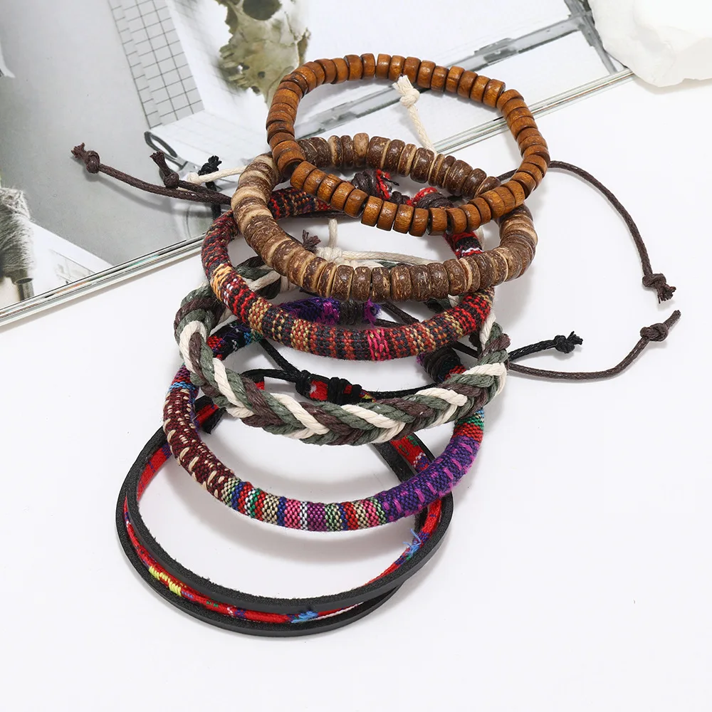 Bohemian Leather Bracelet Men Hand-woven Bracelet Men's Wooden Bead Bracelet Bracelet for Men Charm Bracelet Mens Jewellery thumbnail 3