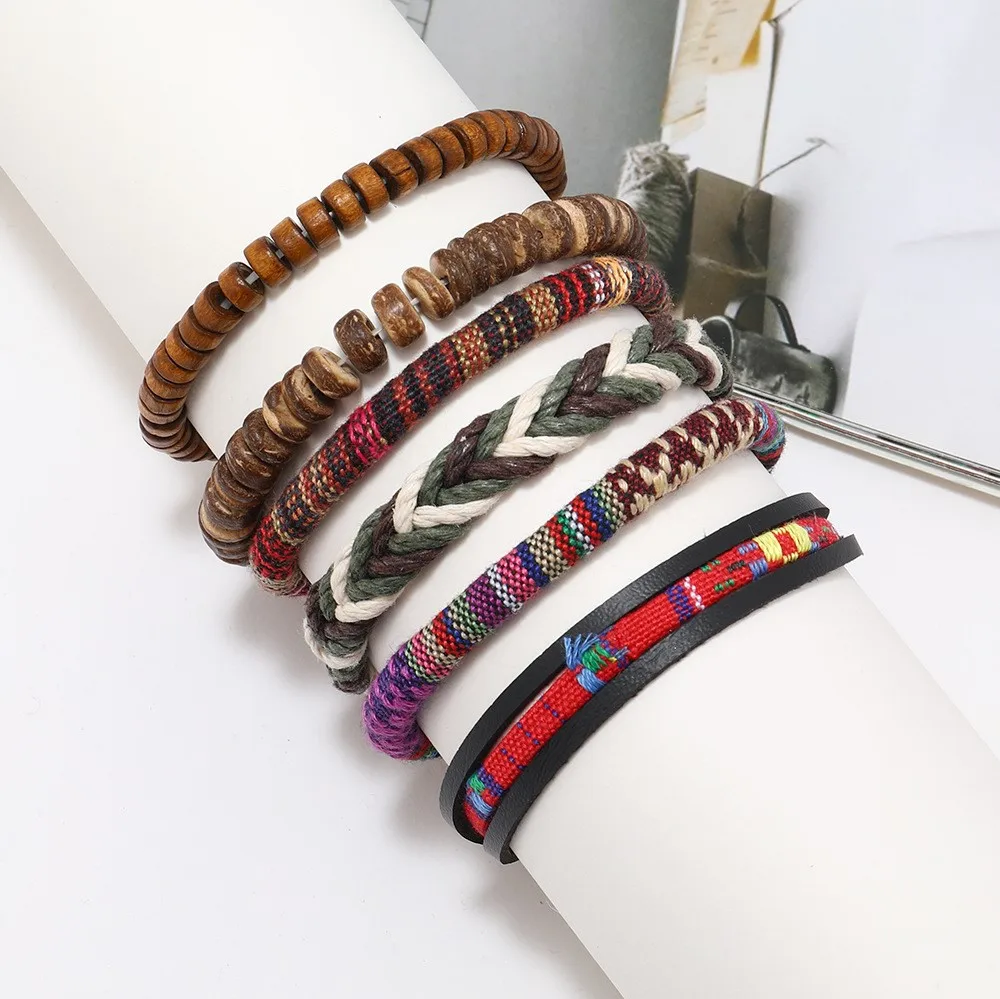 Bohemian Leather Bracelet Men Hand-woven Bracelet Men's Wooden Bead Bracelet Bracelet for Men Charm Bracelet Mens Jewellery thumbnail 6