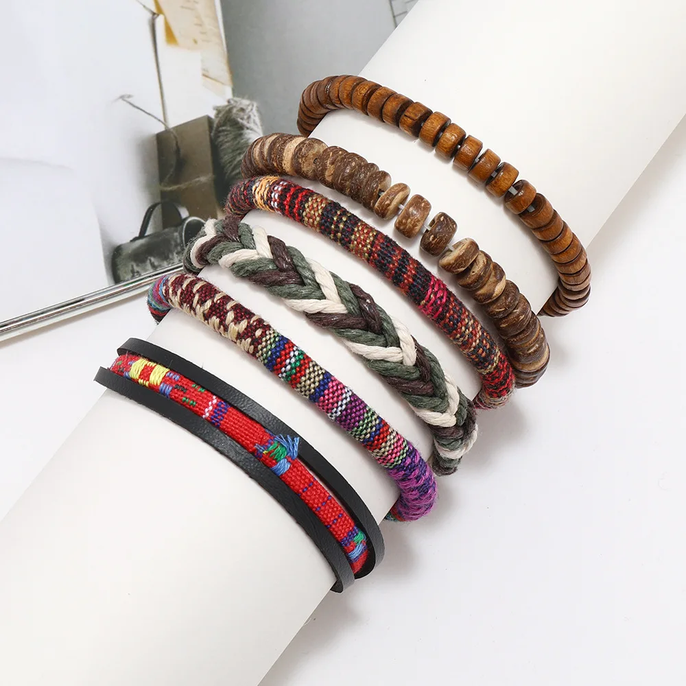 Bohemian Leather Bracelet Men Hand-woven Bracelet Men's Wooden Bead Bracelet Bracelet for Men Charm Bracelet Mens Jewellery thumbnail 4