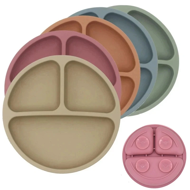 3Pcs  Baby Safe Silicone Suction Dining Plate Learning Spoons Set Feeding Toddler Training Tableware Retro Kids Smile Face Plate thumbnail 2