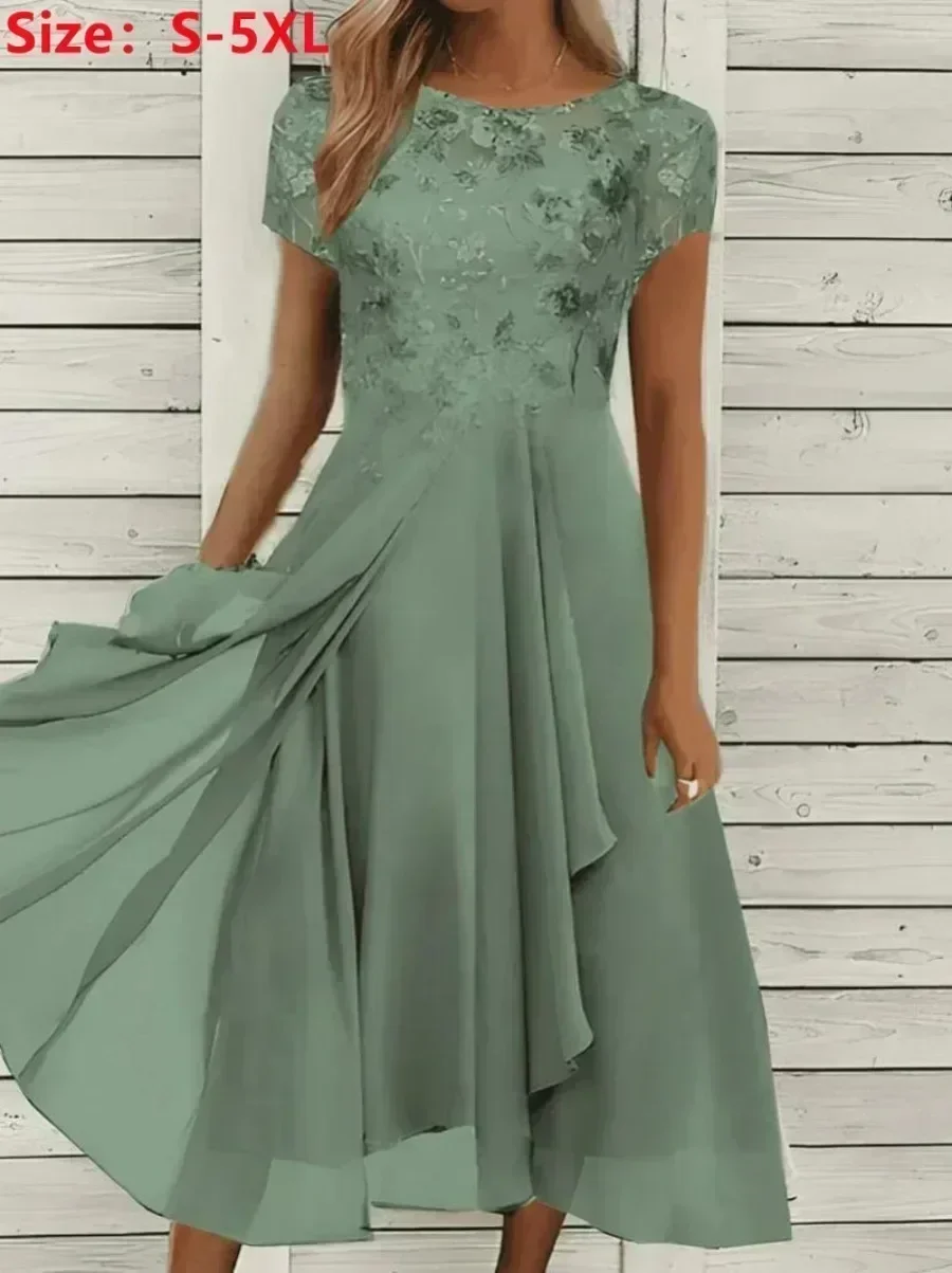 New 2026 Women's Lace Dress for Party Elegant Bride Wedding Dress Plus Size Jewel Neck Knee Length Chiffon Lace Long Party Dress