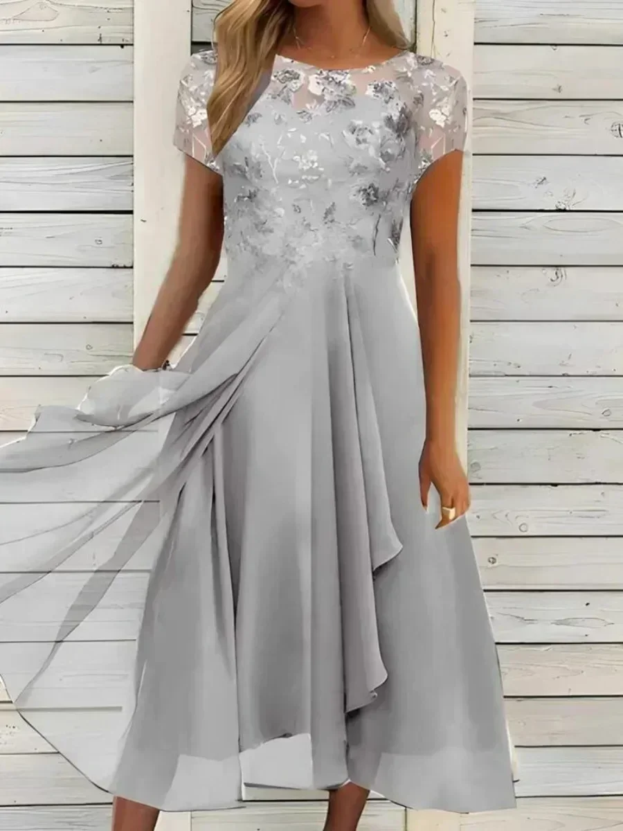 New 2026 Women's Lace Dress for Party Elegant Bride Wedding Dress Plus Size Jewel Neck Knee Length Chiffon Lace Long Party Dress thumbnail 4