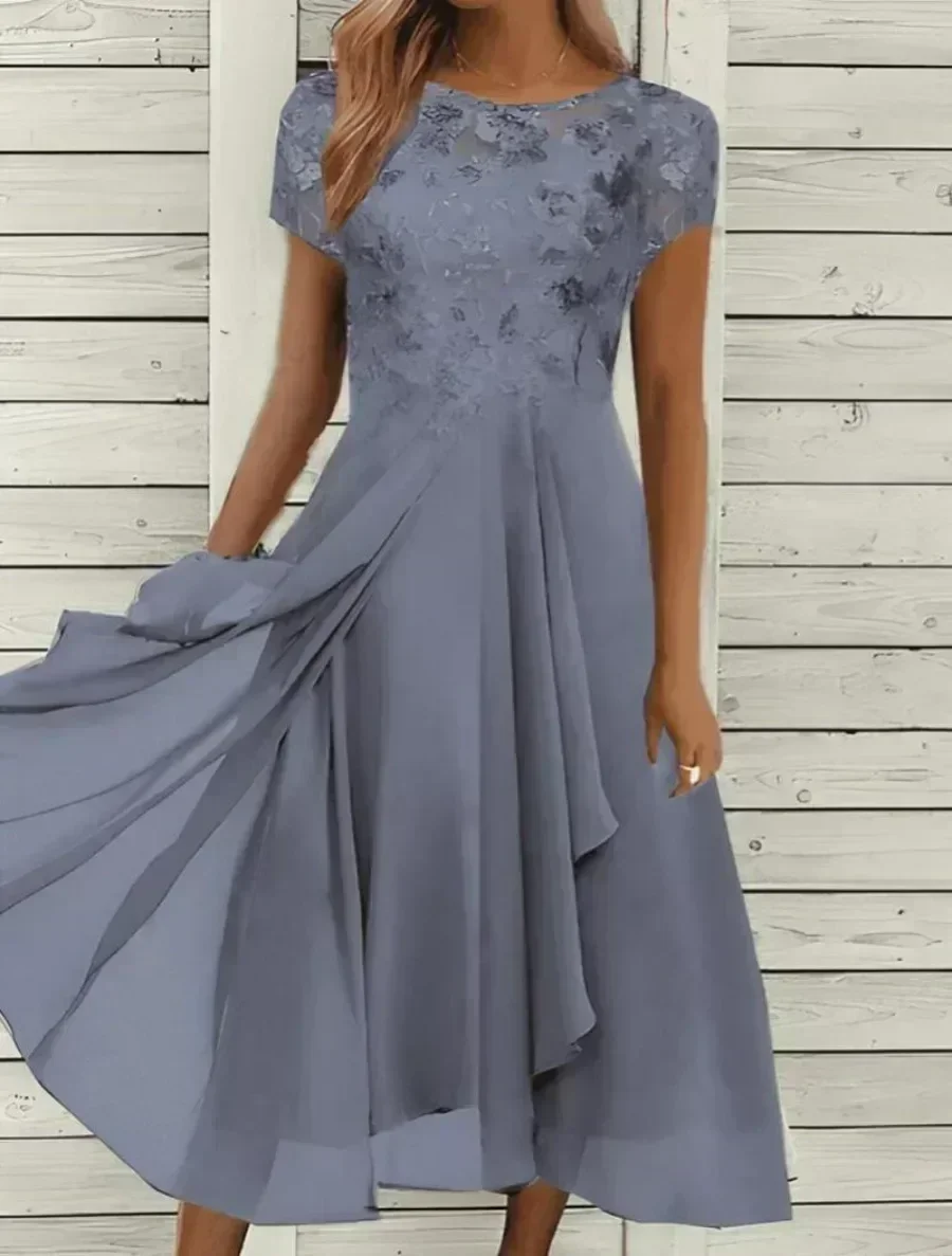 New 2026 Women's Lace Dress for Party Elegant Bride Wedding Dress Plus Size Jewel Neck Knee Length Chiffon Lace Long Party Dress thumbnail 5