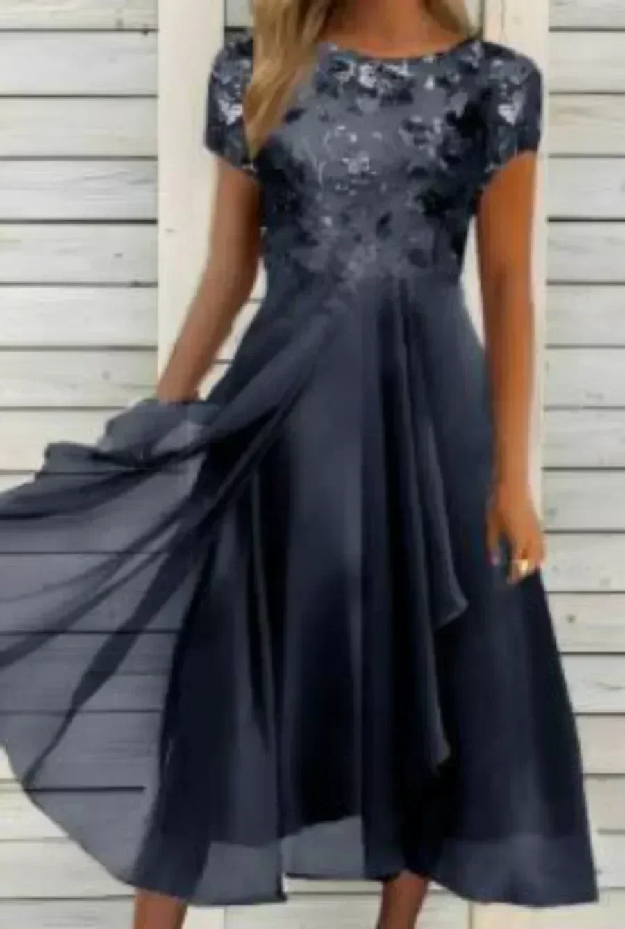 New 2026 Women's Lace Dress for Party Elegant Bride Wedding Dress Plus Size Jewel Neck Knee Length Chiffon Lace Long Party Dress thumbnail 3