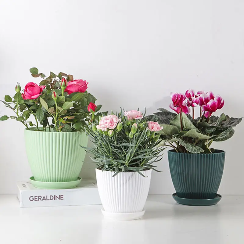 Flower Pot Round Planters Succulents Plant Pot with Tray Office Desktop Balcony Home Garden Decoration Outdoor Potted 5 Sizes thumbnail 3