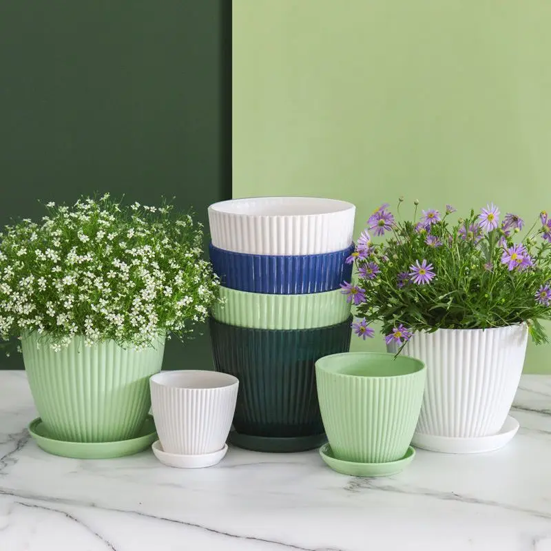 Flower Pot Round Planters Succulents Plant Pot with Tray Office Desktop Balcony Home Garden Decoration Outdoor Potted 5 Sizes thumbnail 5