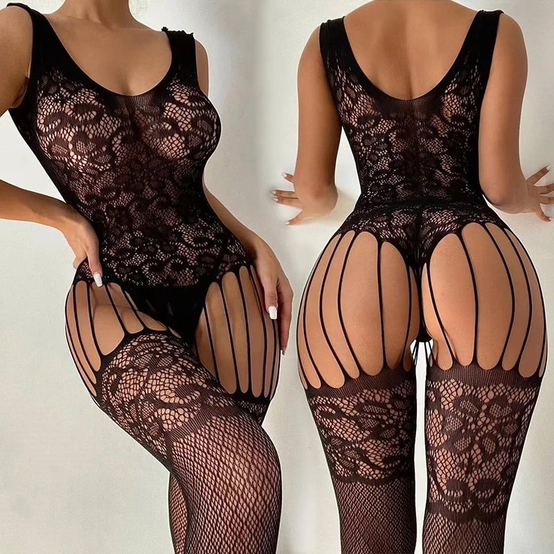 Teddy Sexy Costumes For Women Mesh Hollow Bodystockings Erotic Crotchless Lingerie Cosplay Lolita Costumes Baby Doll Maid Dress thumbnail 2