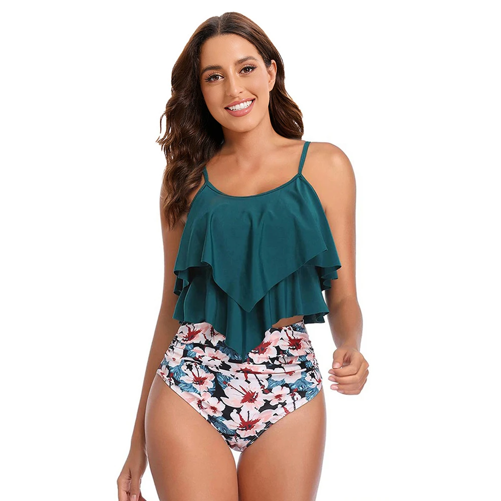 8 Colors Women Ruffled Tankini Set Padded Top With Adjustable Shoulder Straps Elastic Slim Knitted High Waisted Beachwear 2025 thumbnail 5