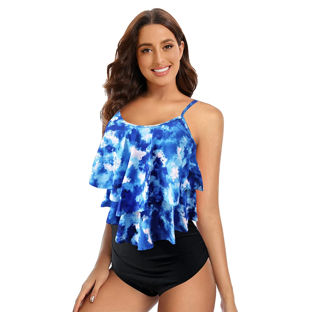 8 Colors Women Ruffled Tankini Set Padded Top With Adjustable Shoulder Straps Elastic Slim Knitted High Waisted Beachwear 2025 thumbnail 2