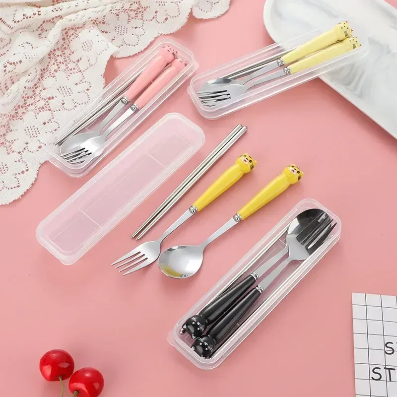 Portable Cartoon Tableware with Case Kitchen Utensils Reusable Flatware Silverware Include Fork Spoon for Children thumbnail 3