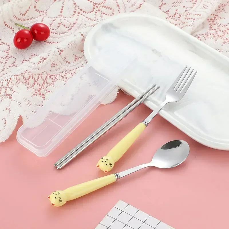 Portable Cartoon Tableware with Case Kitchen Utensils Reusable Flatware Silverware Include Fork Spoon for Children thumbnail 4