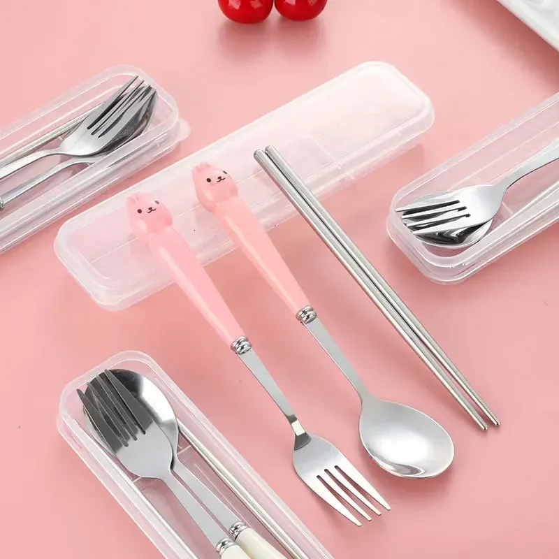 Portable Cartoon Tableware with Case Kitchen Utensils Reusable Flatware Silverware Include Fork Spoon for Children thumbnail 2