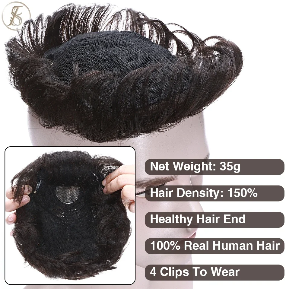 TESS Human Hair 16x19cm Men Toupee Clip In Hair Extensions Topper Replacement System 4Inch Capillary Prothesis 35g Male Hair Wig thumbnail 4