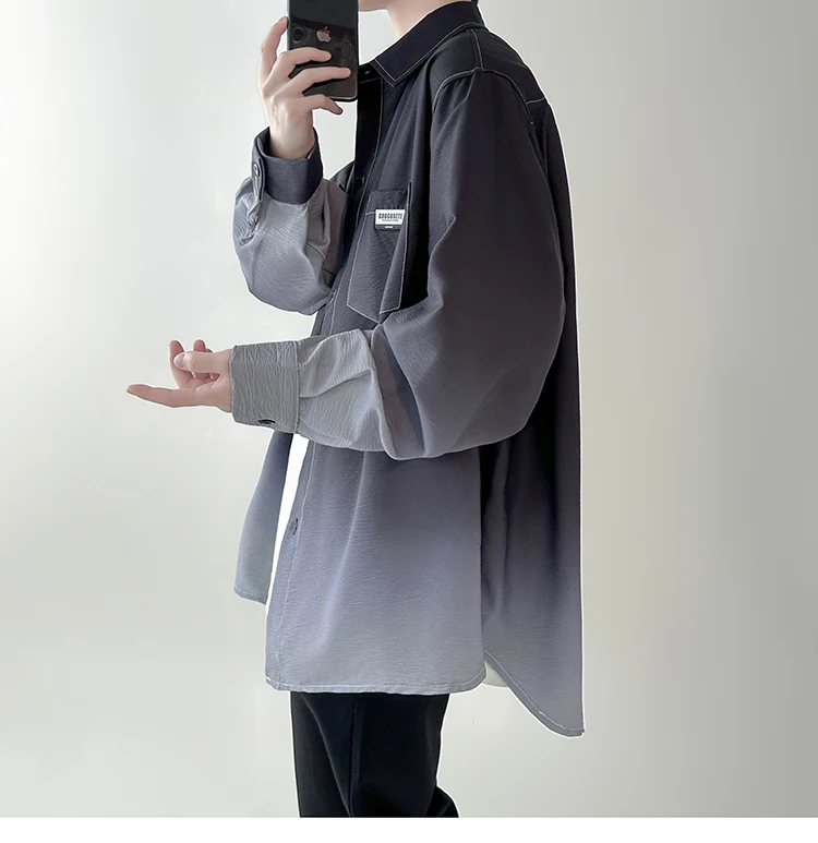 Men's shirt Gradient Plicated Long Sleeve Shirts Loose Korean Shirt Fashion Casual Oversize Shirt Coat High Quality Clothing thumbnail 4