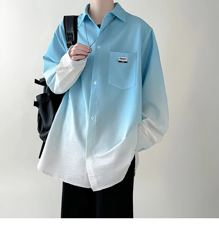 Men's shirt Gradient Plicated Long Sleeve Shirts Loose Korean Shirt Fashion Casual Oversize Shirt Coat High Quality Clothing thumbnail 5