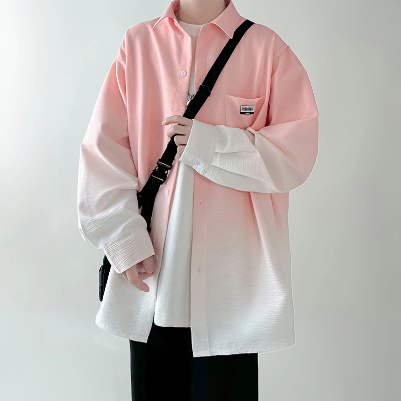Men's shirt Gradient Plicated Long Sleeve Shirts Loose Korean Shirt Fashion Casual Oversize Shirt Coat High Quality Clothing thumbnail 6
