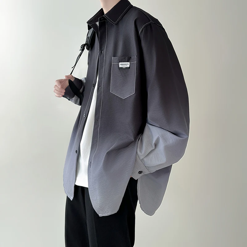 Men's shirt Gradient Plicated Long Sleeve Shirts Loose Korean Shirt Fashion Casual Oversize Shirt Coat High Quality Clothing thumbnail 2