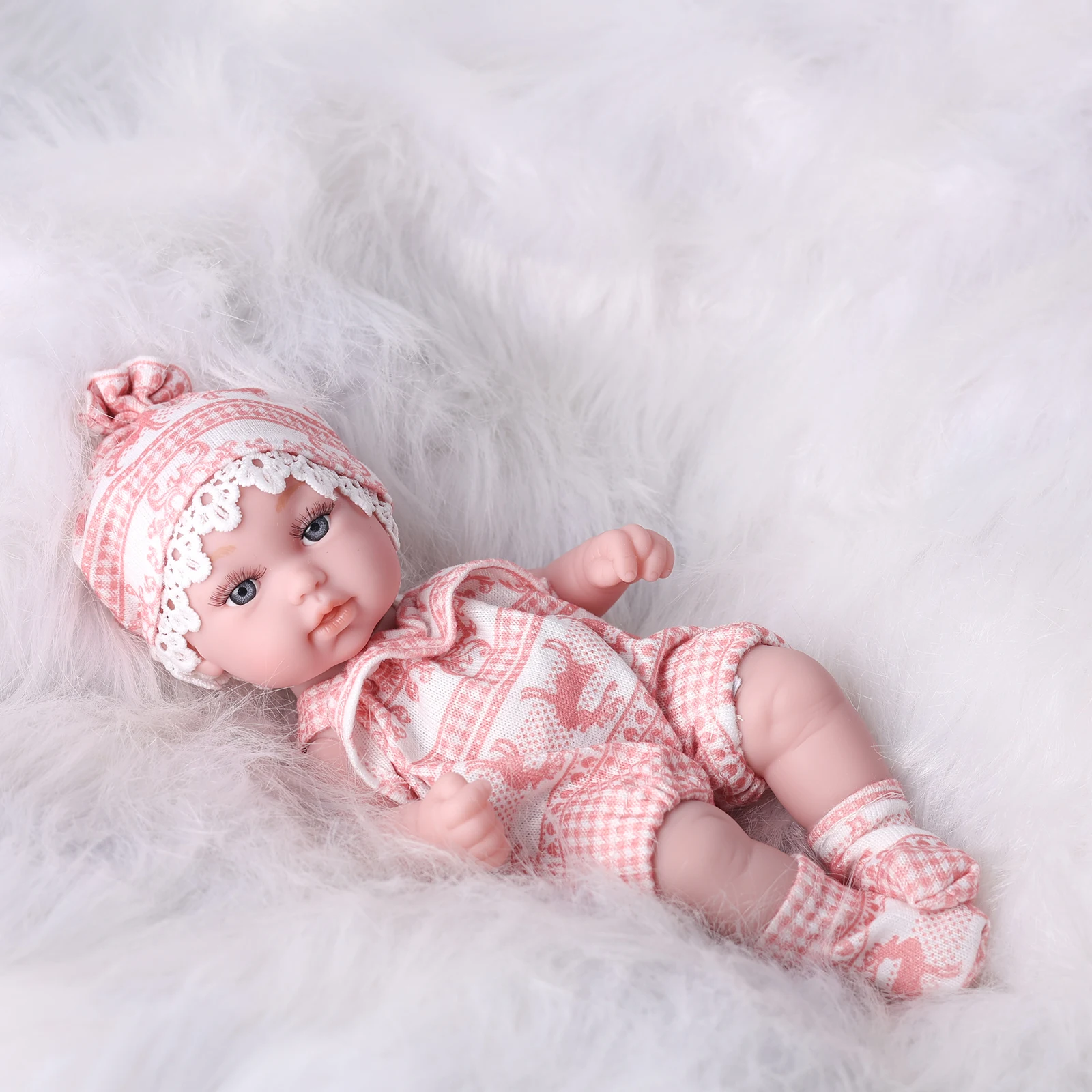 11Inches Realistic Simulation Newreborn Baby Dolls Pink Pattern Hat Stocking & Clothes Birthday Gift for Girl's Birthday Gift thumbnail 6