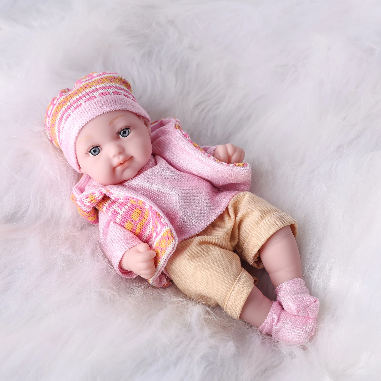 11Inches Realistic Simulation Newreborn Baby Dolls Pink Pattern Hat Stocking & Clothes Birthday Gift for Girl's Birthday Gift thumbnail 5