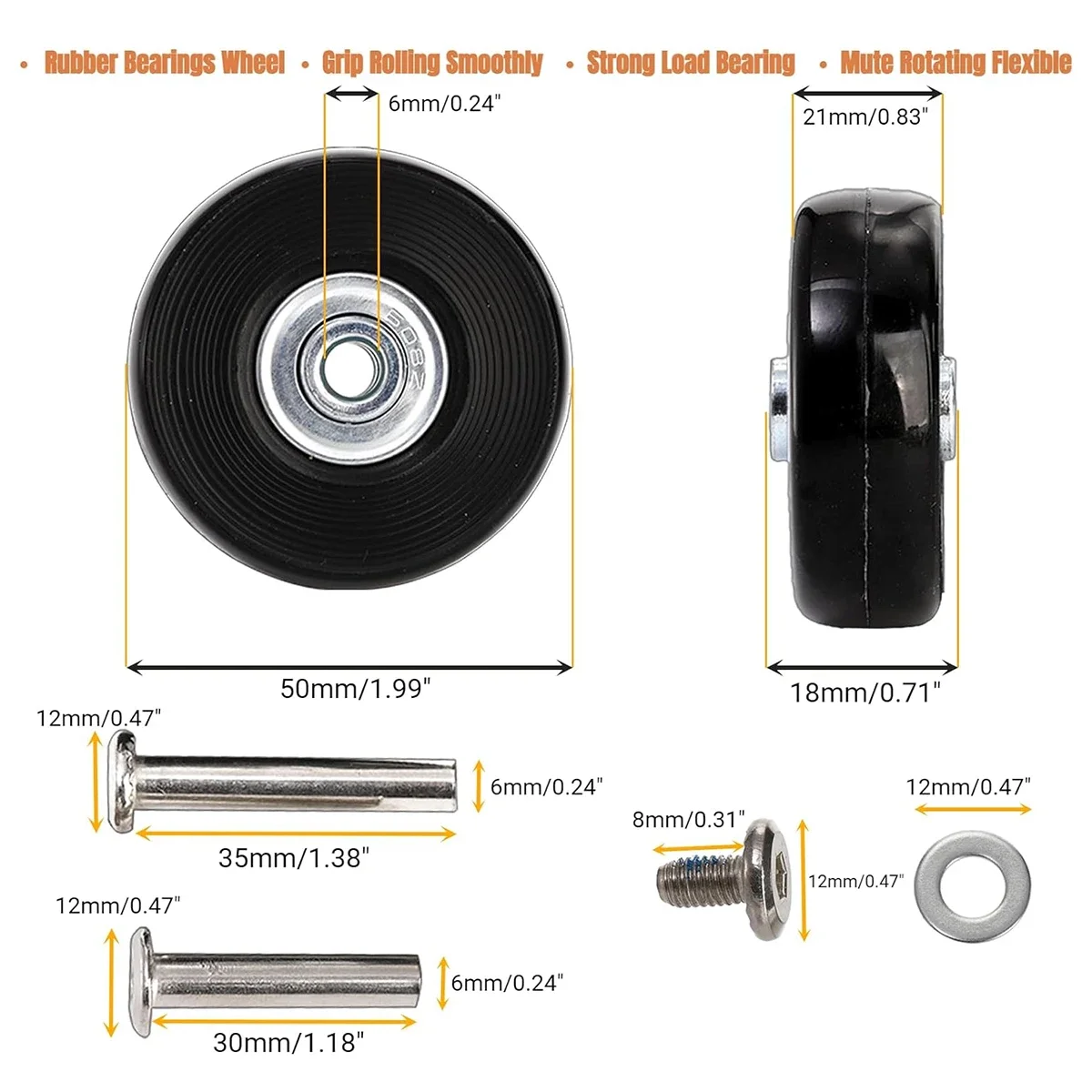 12/24Pcs/Set Suitcase Parts Axles Dia40mm/50mm/60mm Silent Travel Luggage Wheels Casters Repair Replacement Axles Repair Kit thumbnail 3