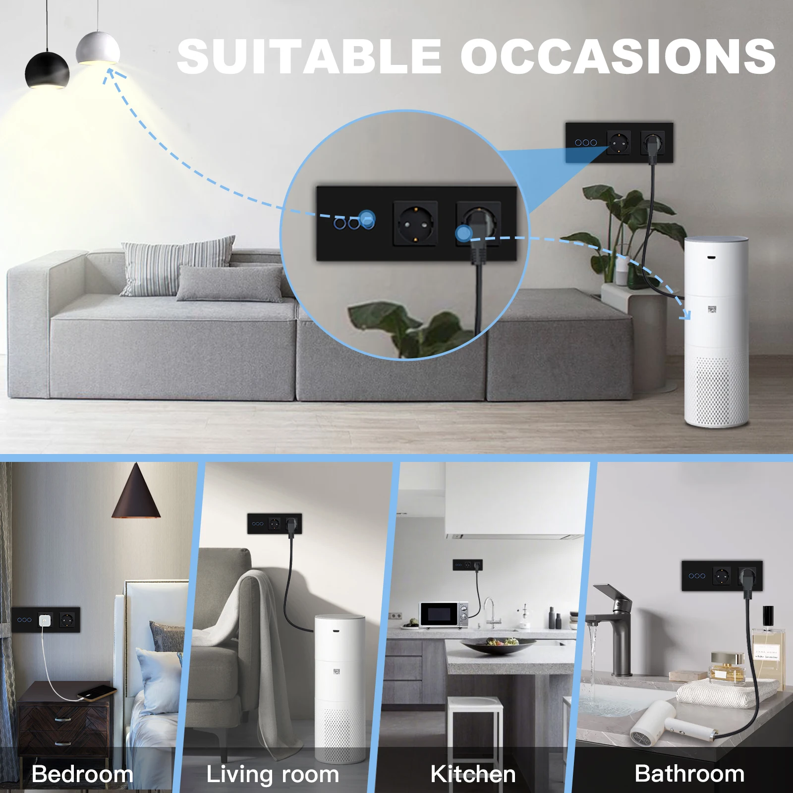 BSEED 1/2/3Gang Stair Touch Switches 1/2/3Way Pass Through Switches Plus EU Power Sockets Type-c USB Plugs Crystal Glass Panel thumbnail 5