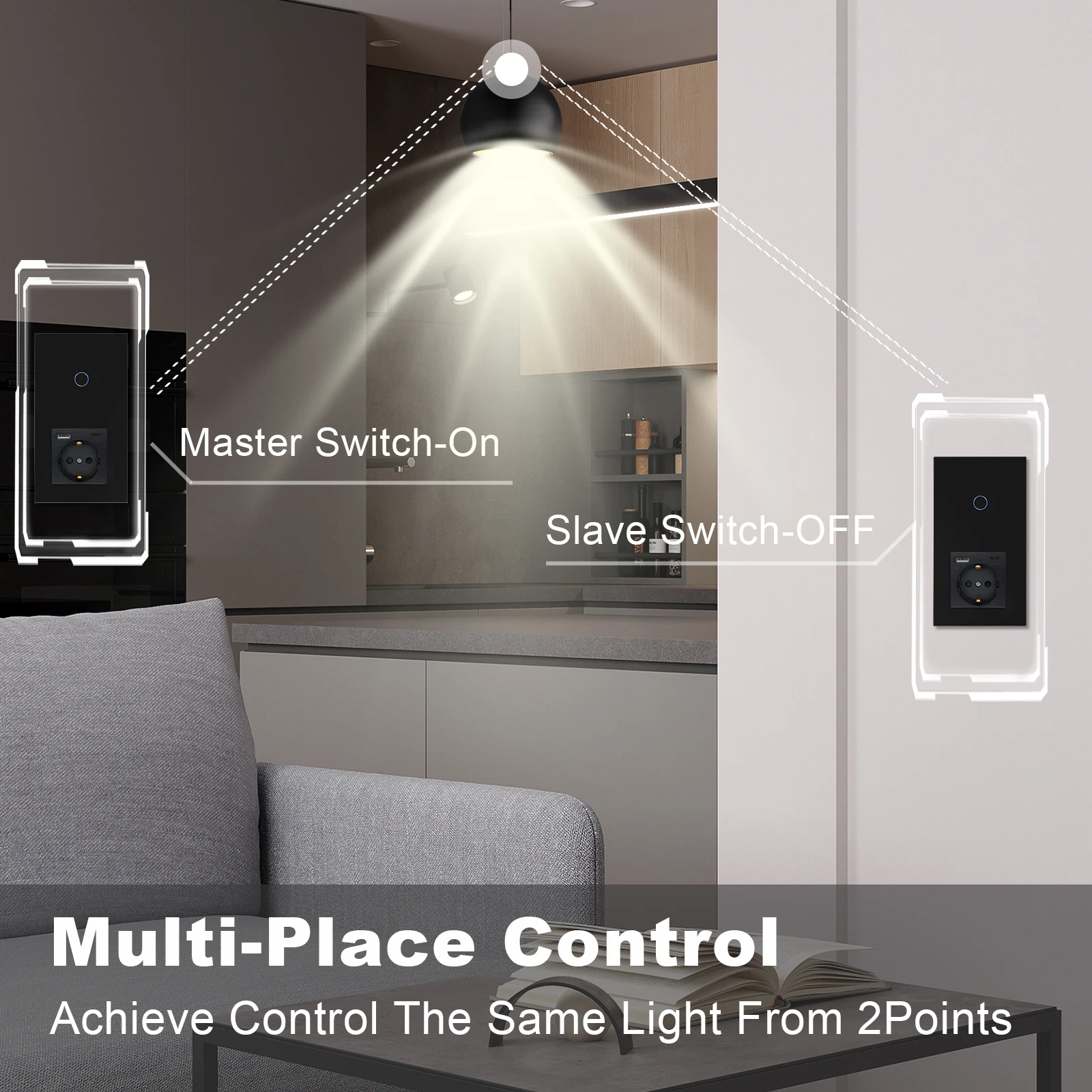 BSEED 1/2/3Gang Stair Touch Switches 1/2/3Way Pass Through Switches Plus EU Power Sockets Type-c USB Plugs Crystal Glass Panel thumbnail 2