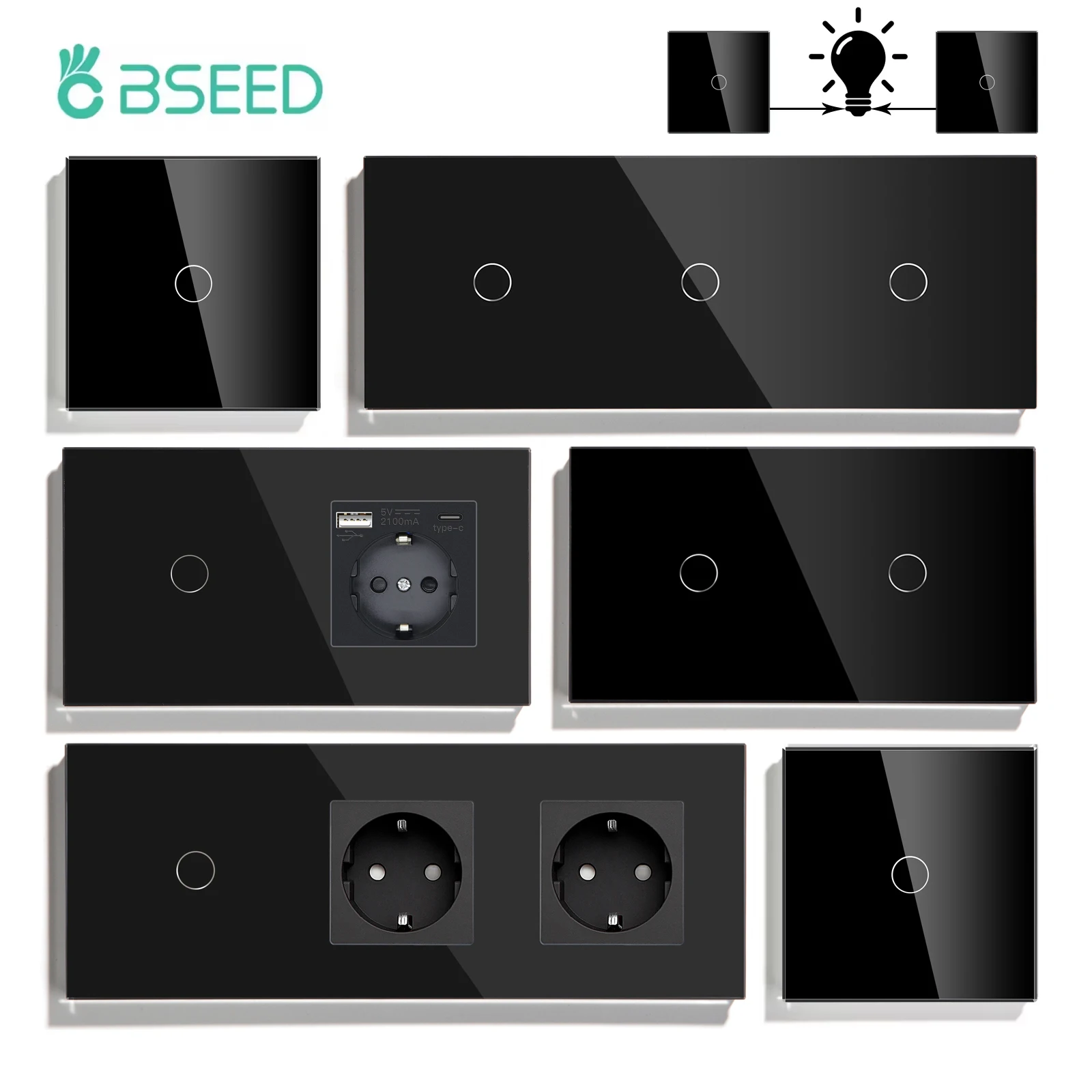 BSEED 1/2/3Gang Stair Touch Switches 1/2/3Way Pass Through Switches Plus EU Power Sockets Type-c USB Plugs Crystal Glass Panel