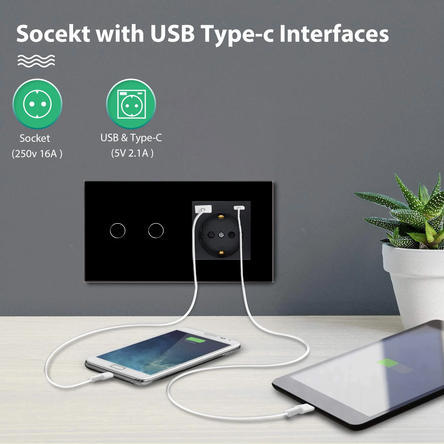 BSEED 1/2/3Gang Stair Touch Switches 1/2/3Way Pass Through Switches Plus EU Power Sockets Type-c USB Plugs Crystal Glass Panel thumbnail 4