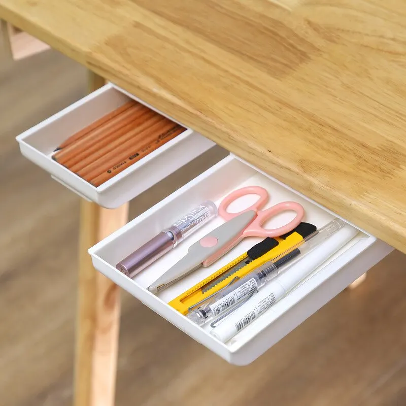 1pc White SelfAdhesive Storage Drawer Box Makeup Pencil Tray Desk Hidden Under Desk Stand Self-adhesive Under-drawer Storage Box thumbnail 2