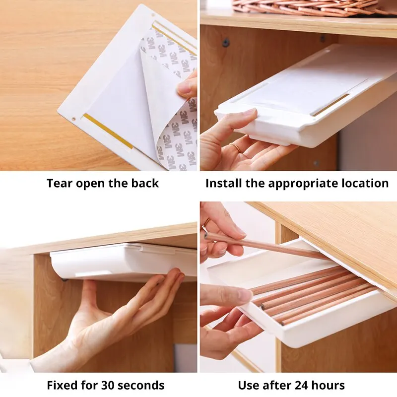 1pc White SelfAdhesive Storage Drawer Box Makeup Pencil Tray Desk Hidden Under Desk Stand Self-adhesive Under-drawer Storage Box thumbnail 5