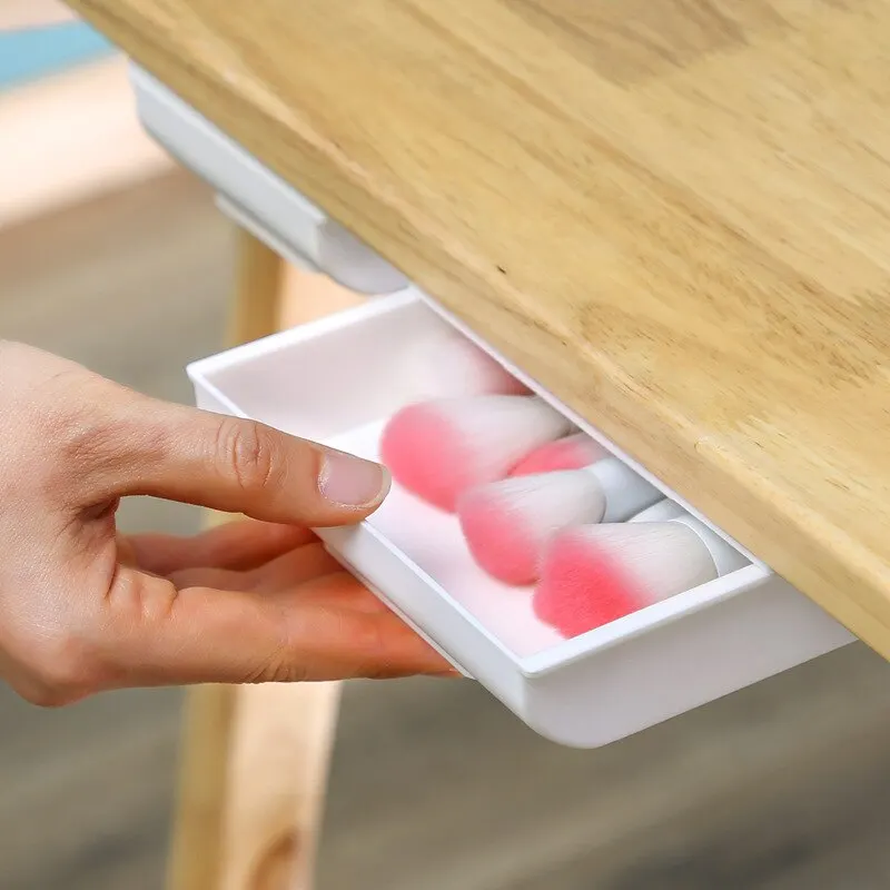 1pc White SelfAdhesive Storage Drawer Box Makeup Pencil Tray Desk Hidden Under Desk Stand Self-adhesive Under-drawer Storage Box thumbnail 4