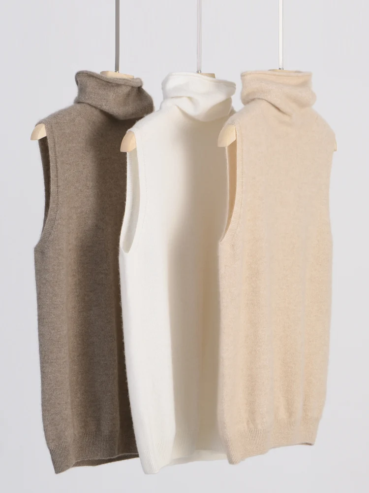 Women Autumn Winter Sleeveless Turtleneck Pullover Vest 100% Merino Wool Sweater Basic Soft Knitted Waistcoat Korean Style Top thumbnail 5