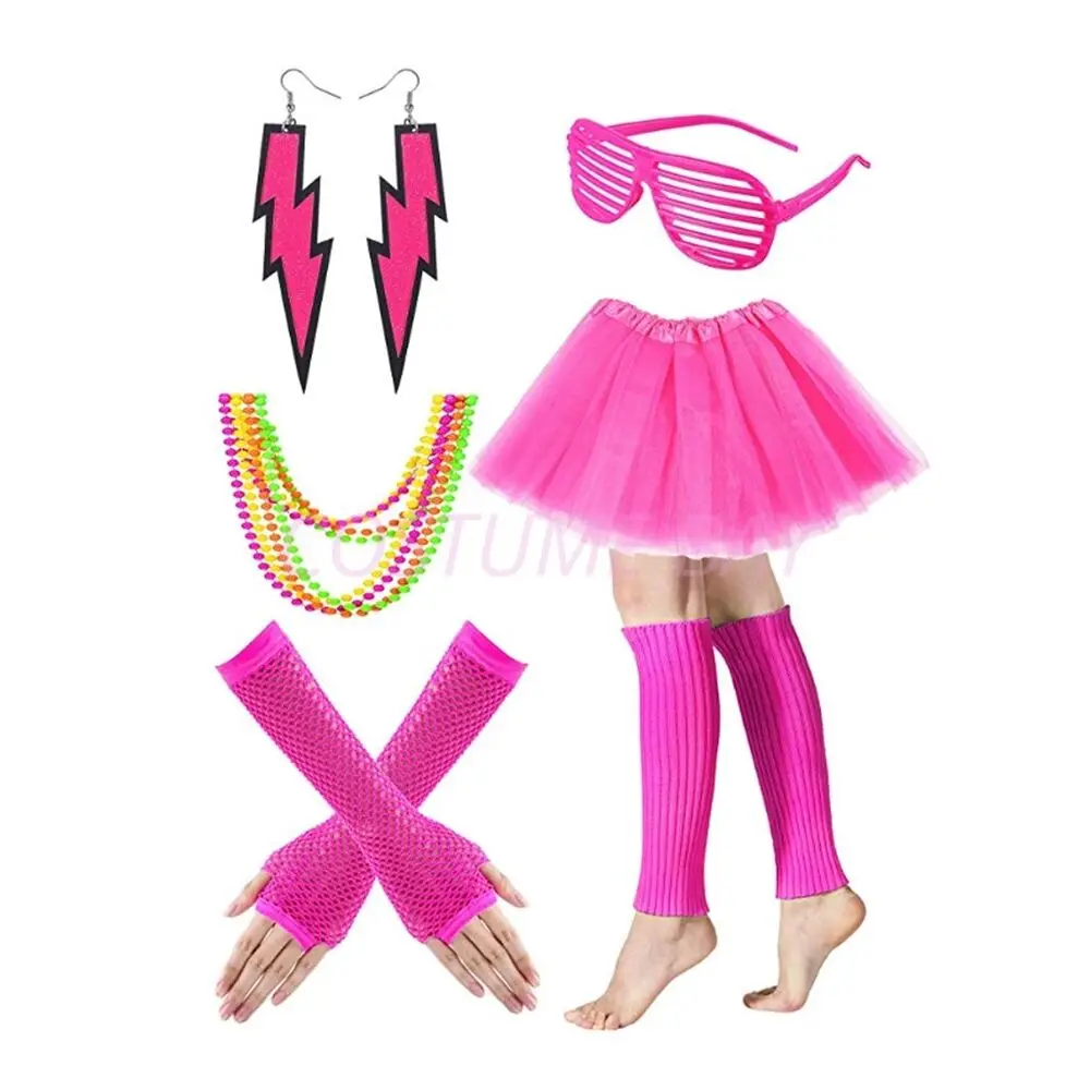 PESENAR Womens Neon 80s Tutu Skirt Fancy Dress 6pcs Accessories Set themed party costume thumbnail 4