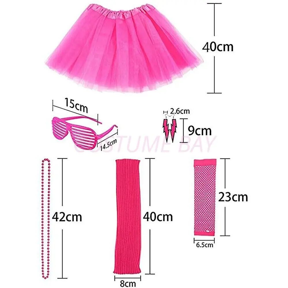 PESENAR Womens Neon 80s Tutu Skirt Fancy Dress 6pcs Accessories Set themed party costume thumbnail 5